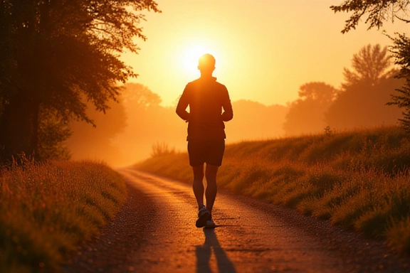 Una persona corriendo por un sendero al aire libre al amanecer, simbolizando un estilo de vida activo y saludable.