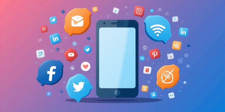 Ilustración de iconos de redes sociales flotando alrededor de un dispositivo móvil.