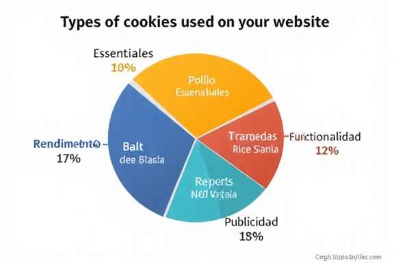 Gráfico circular mostrando la distribución de diferentes tipos de cookies: esenciales, de rendimiento, de funcionalidad y de publicidad.