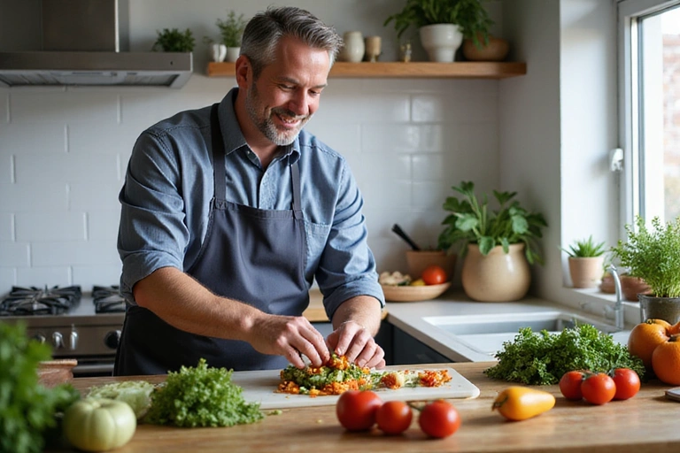 Hombre preparando una comida saludable en la cocina